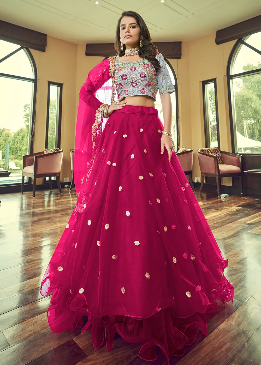 Beautiful Cherry Pink Heavy Net Party Wear Lehenga Choli