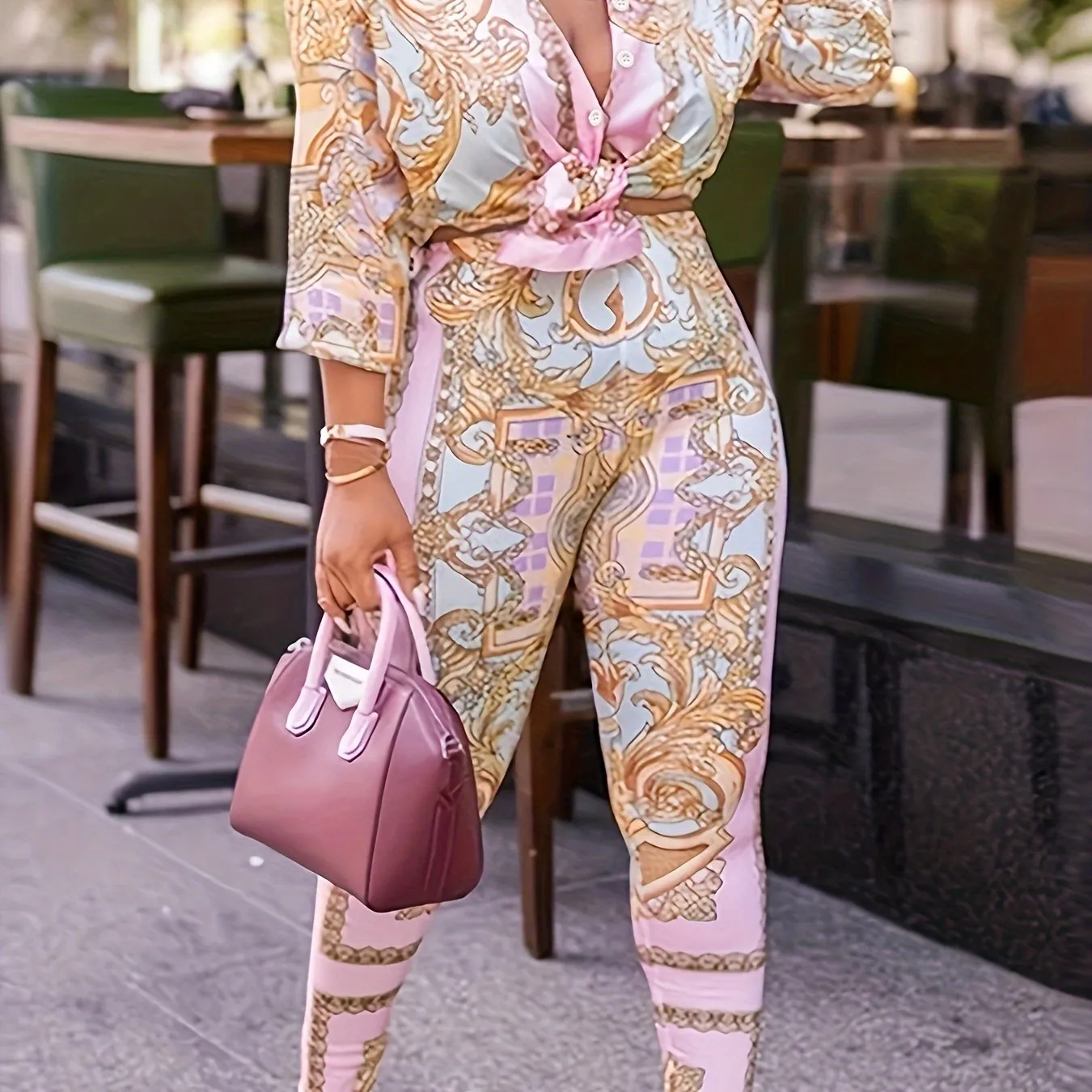 Boho Chic Delight Plus Size Baroque Print Two-Piece Set - Button Up Half Sleeve Turn Down Collar Blouse & Pants Ensemble for Women