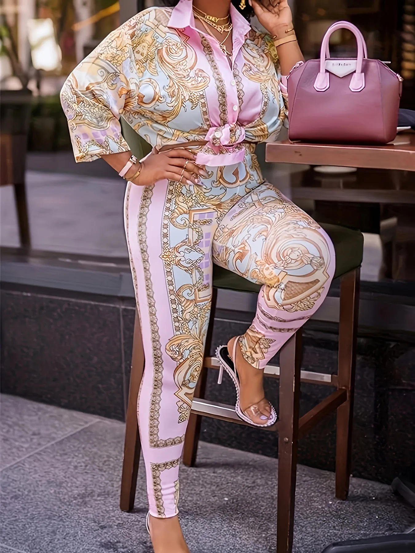 Boho Chic Delight Plus Size Baroque Print Two-Piece Set - Button Up Half Sleeve Turn Down Collar Blouse & Pants Ensemble for Women