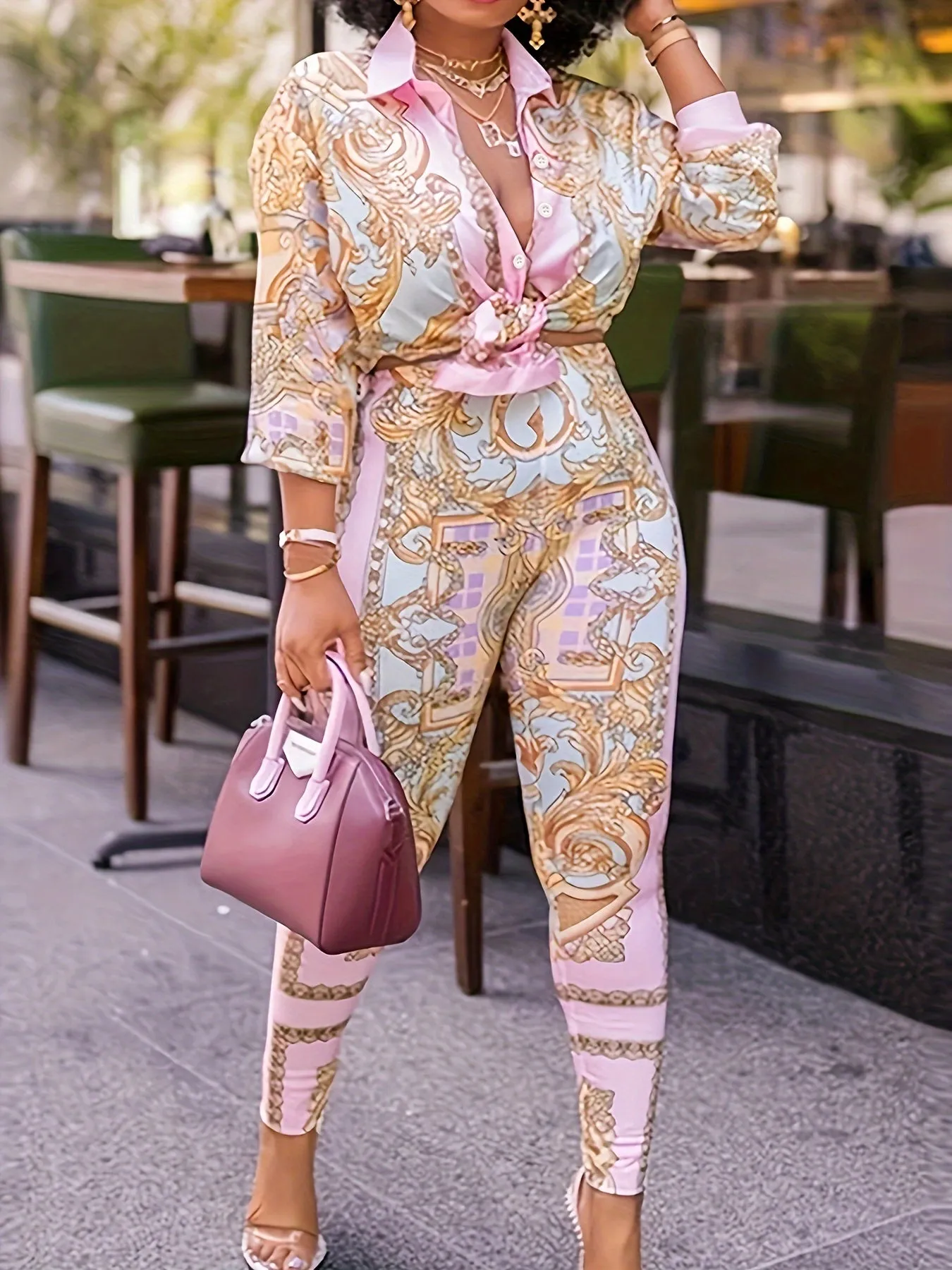 Boho Chic Delight Plus Size Baroque Print Two-Piece Set - Button Up Half Sleeve Turn Down Collar Blouse & Pants Ensemble for Women