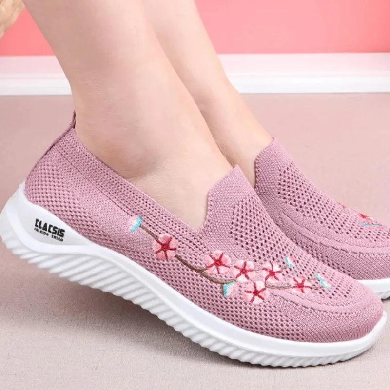 Breathable Mesh Embroidered Floral Platform Sneakers