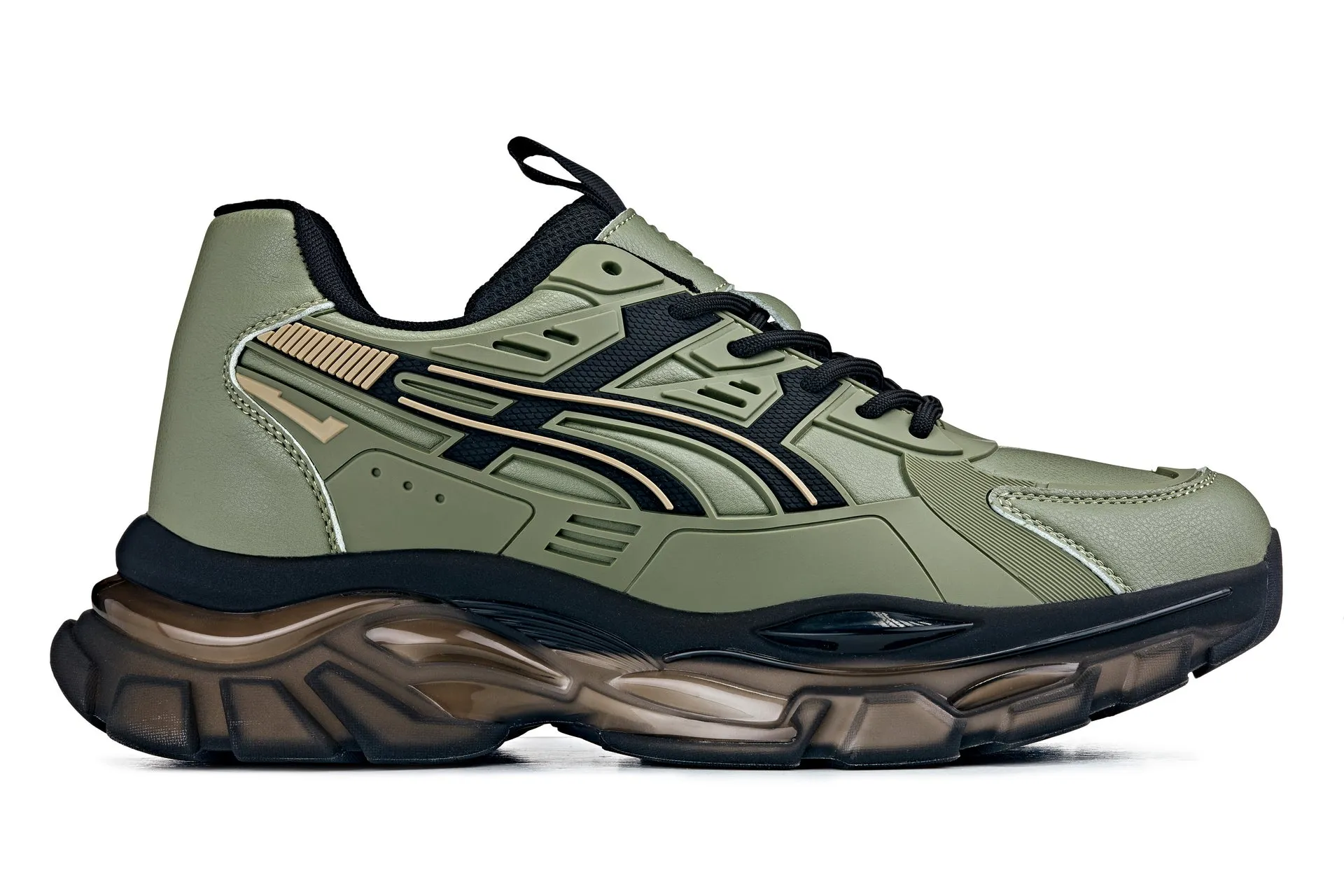 CALTO - S5284 - 2.6 Inches Taller (Khaki Green/Translucent Onyx Sole) - Chunky Sole Sporty Sneakers