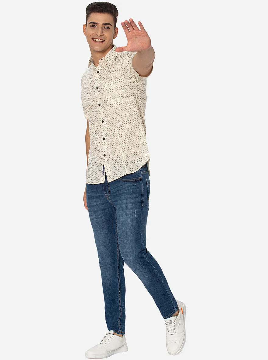 Crimish White Printed Slim Fit Semi Casual Shirt | Greenfibre