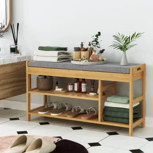 essential Shoes Bench with Cushioned Seat, Entryway Shoes Rack Bed End Stool with Storage Shelves, Natural (up to 7 Shoes)