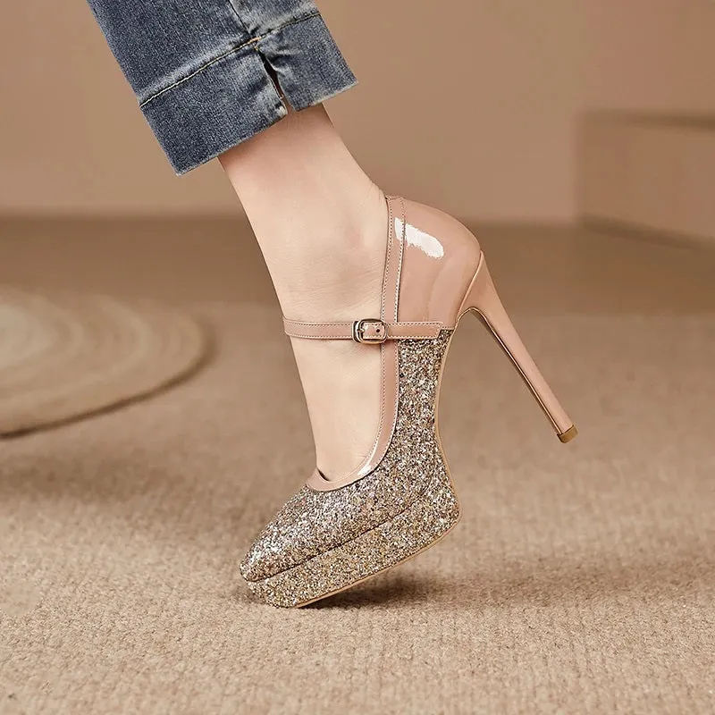 Glitter High-Heeled Pointed Shoes with One-Strap Buckle