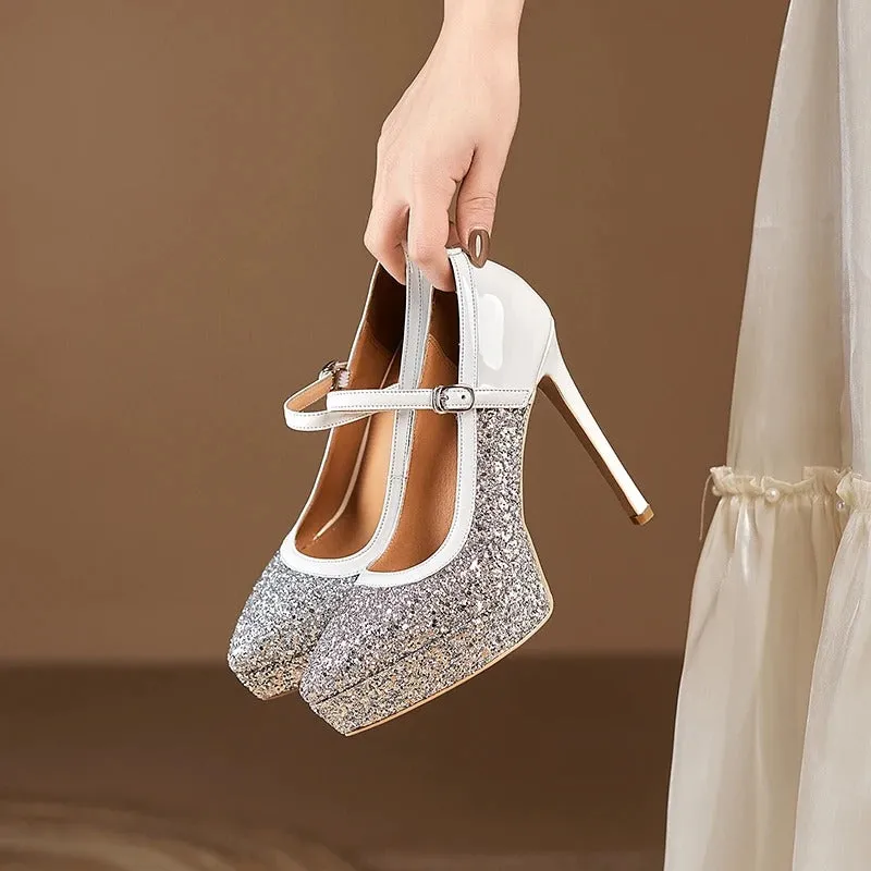 Glitter High-Heeled Pointed Shoes with One-Strap Buckle