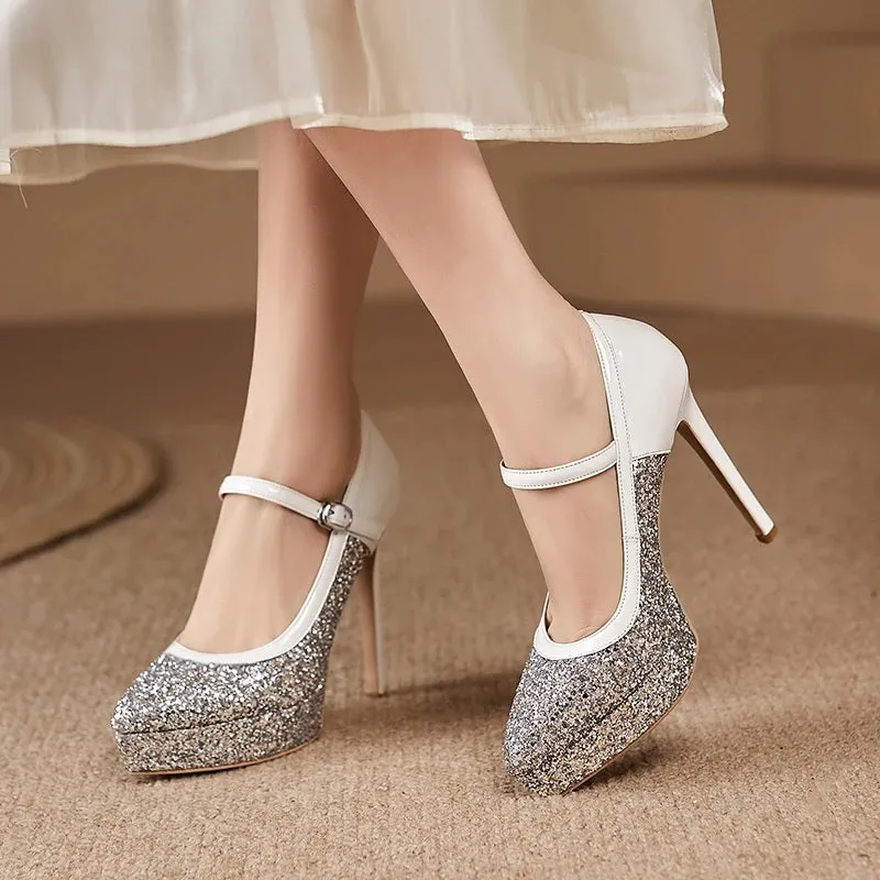 Glitter High-Heeled Pointed Shoes with One-Strap Buckle