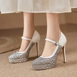 Glitter High-Heeled Pointed Shoes with One-Strap Buckle