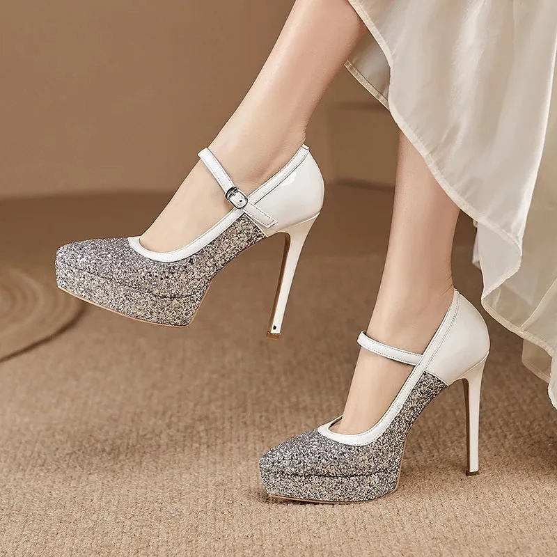 Glitter High-Heeled Pointed Shoes with One-Strap Buckle