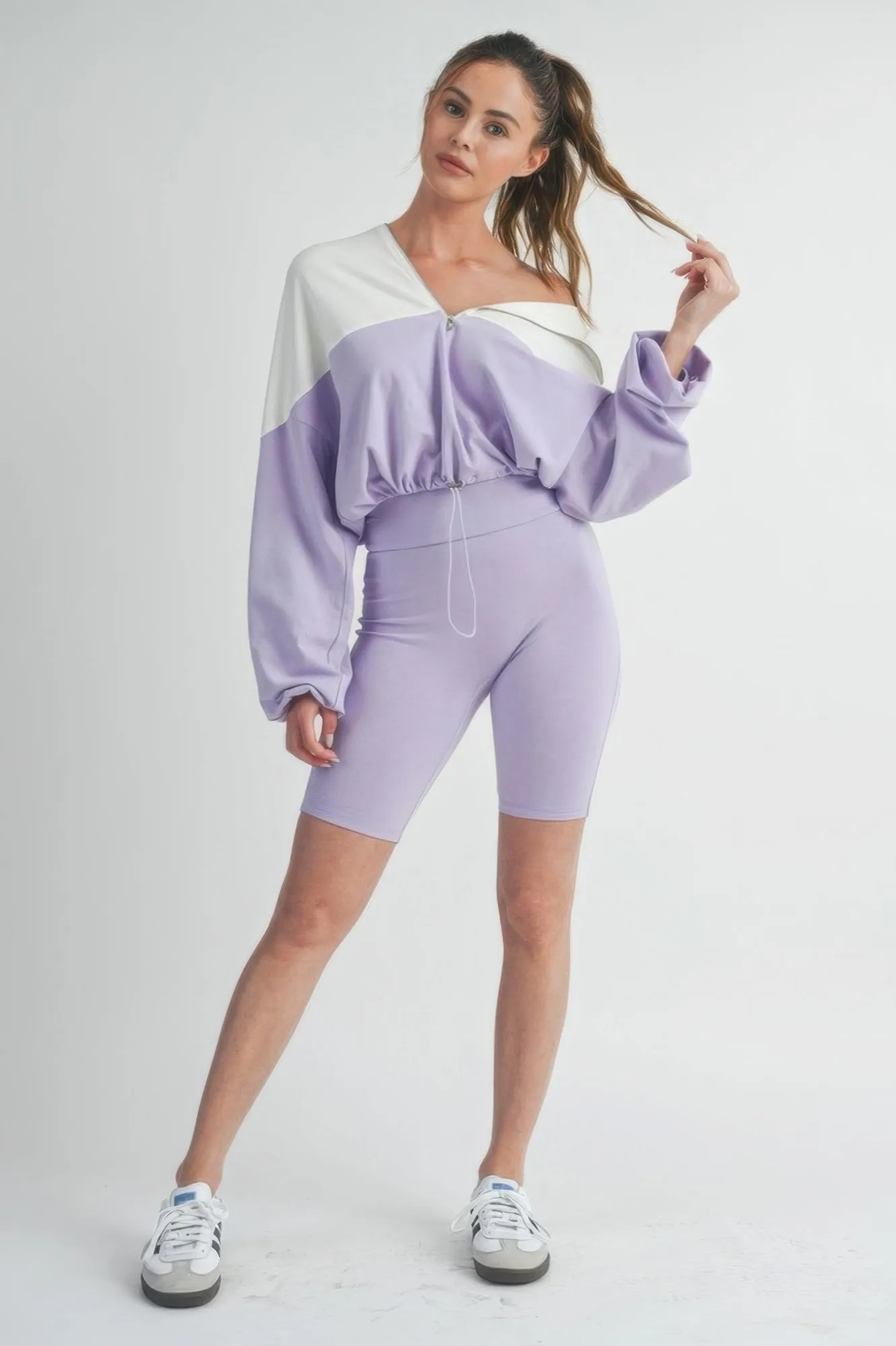 Hot Girl Color Block Sweatshirt And Biker Short Two Piece Active Set In Lavender