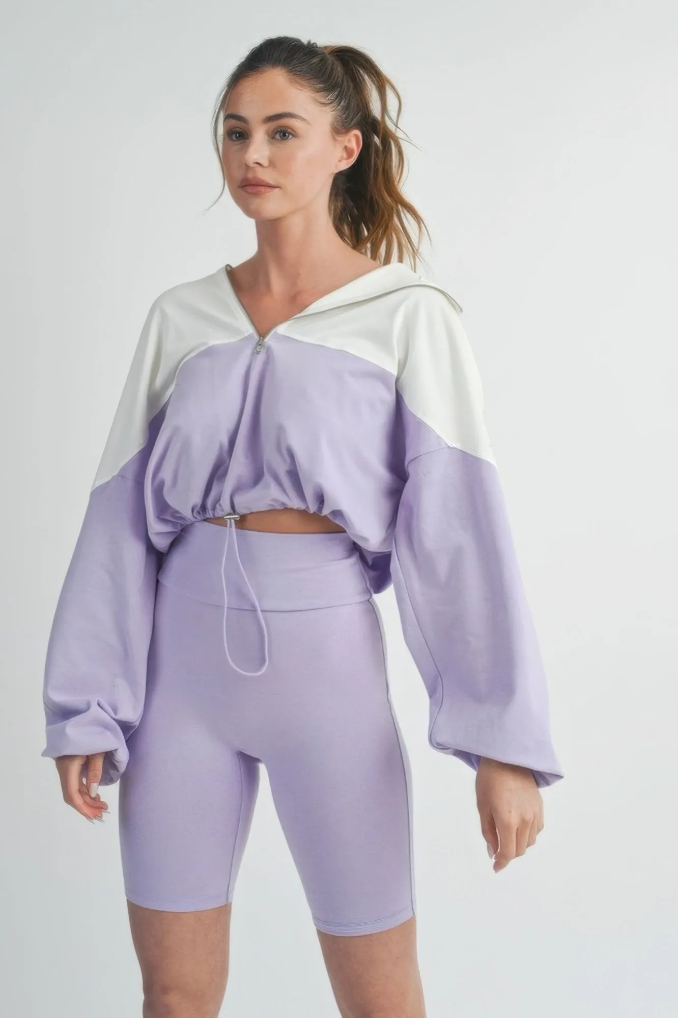 Hot Girl Color Block Sweatshirt And Biker Short Two Piece Active Set In Lavender