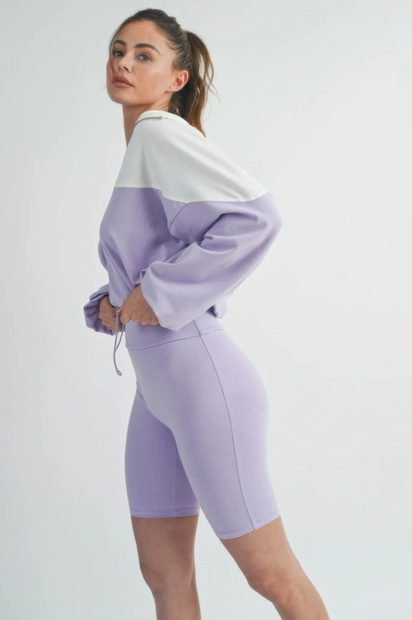 Hot Girl Color Block Sweatshirt And Biker Short Two Piece Active Set In Lavender