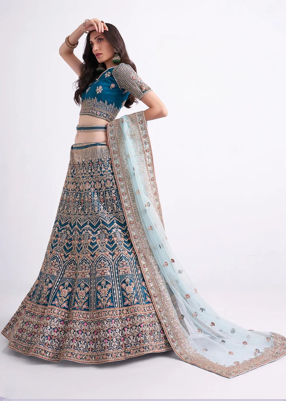 Imposing Teal Blue Wedding Style Designer Bridal Lehenga Choli