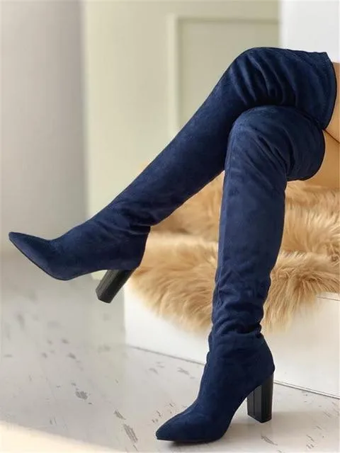 leopard big size 43 Pointed Toe Over The Knee Boots woman 8cm high heels luxury Design chunky heeled women's Shoes woman