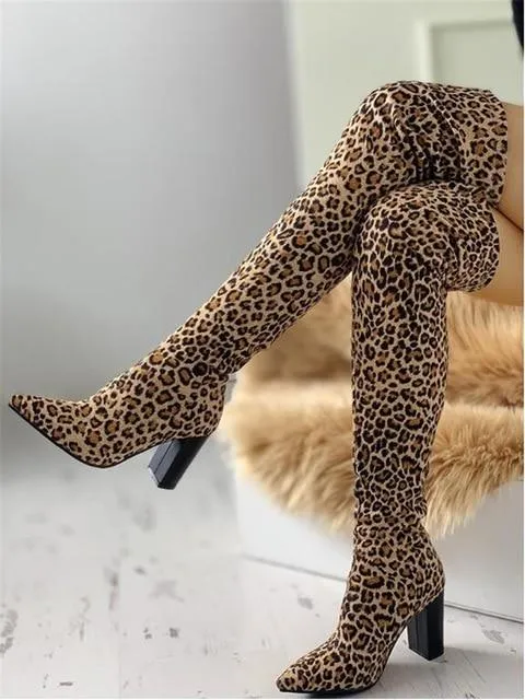 leopard big size 43 Pointed Toe Over The Knee Boots woman 8cm high heels luxury Design chunky heeled women's Shoes woman