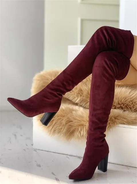 leopard big size 43 Pointed Toe Over The Knee Boots woman 8cm high heels luxury Design chunky heeled women's Shoes woman