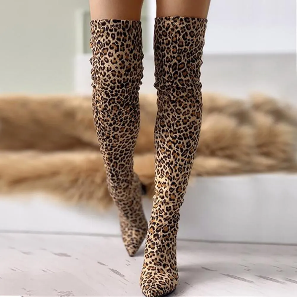 leopard big size 43 Pointed Toe Over The Knee Boots woman 8cm high heels luxury Design chunky heeled women's Shoes woman