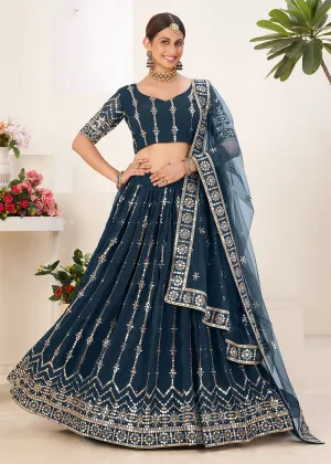 Loyal Blue Bordered Sequins Sangeet Wear Lehenga Choli