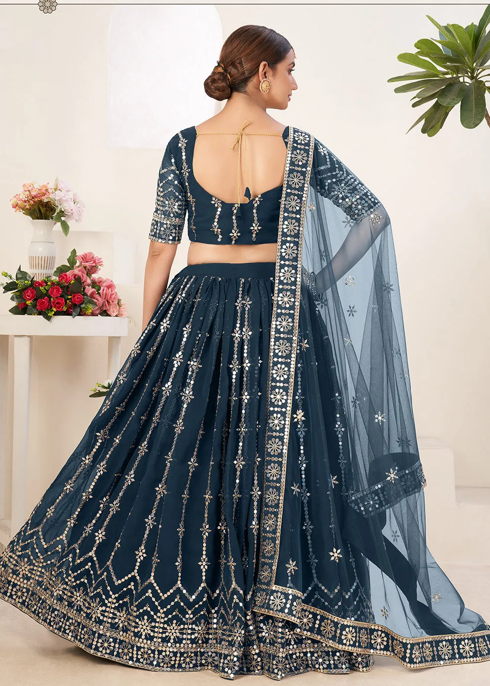 Loyal Blue Bordered Sequins Sangeet Wear Lehenga Choli