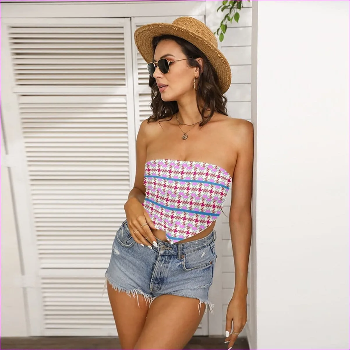 Pink Houndstooth Womens Tube Top Voluptuous (Plus Size)