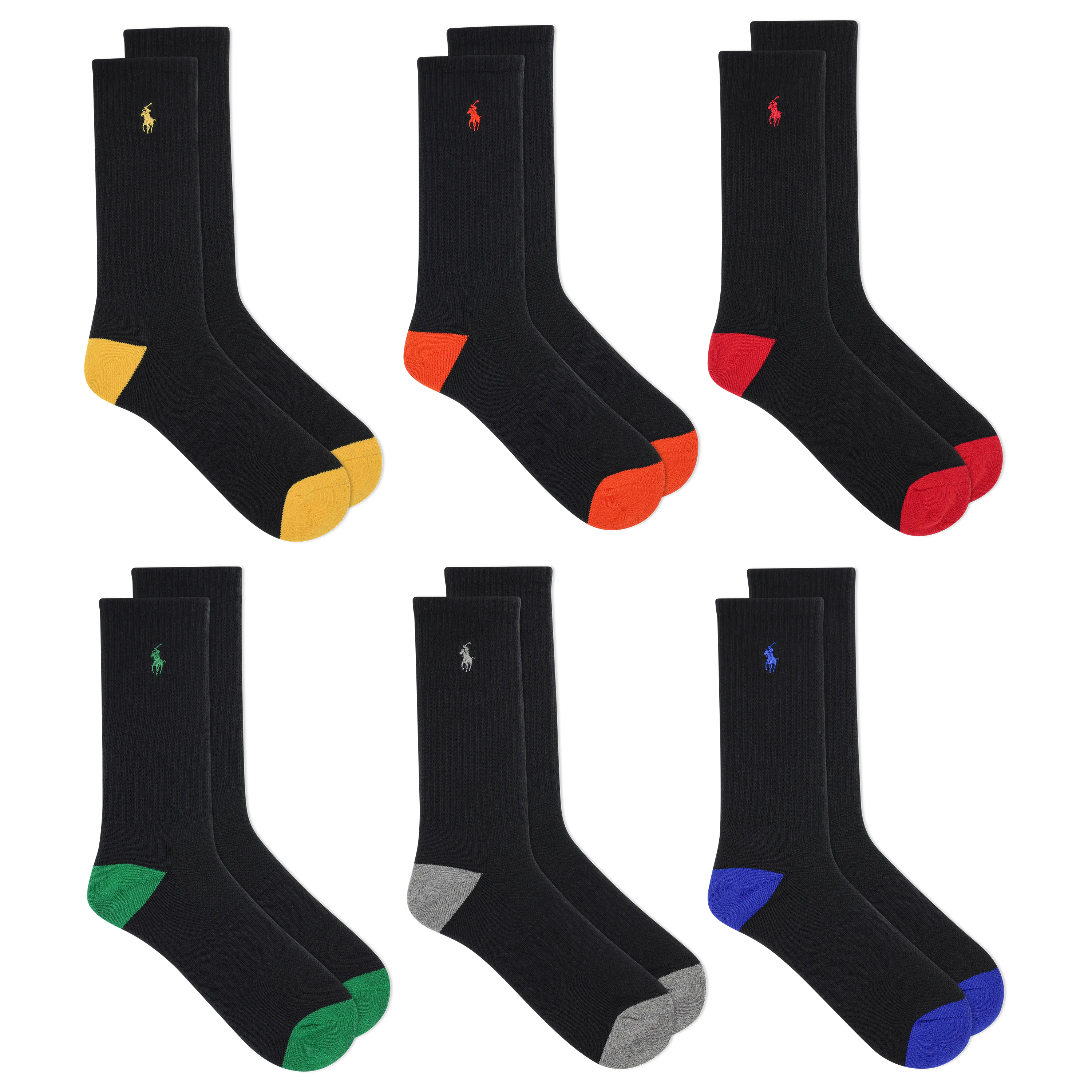 POLO RALPH LAUREN Men's 6-Pack Contrast Heel and Toe Performance Crew Socks