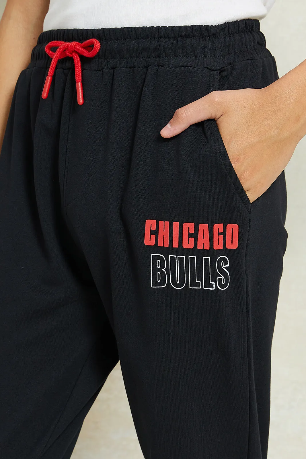 Senior Boys Black Chicago Bulls Printed Active Pants