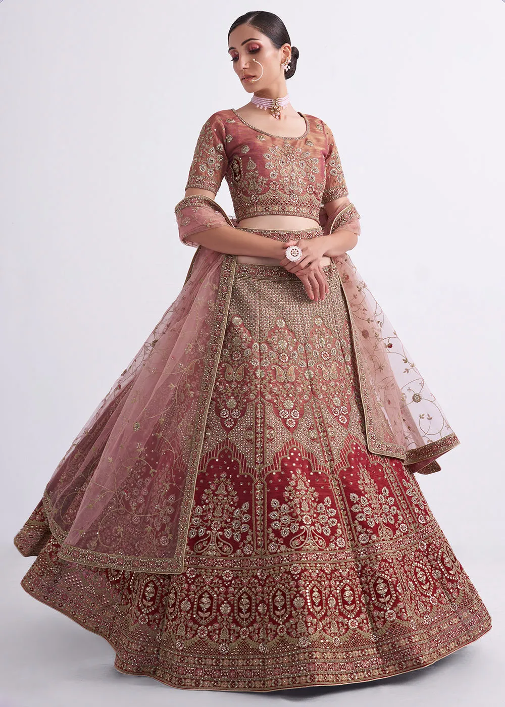 Shaded Rust Maroon Wedding Style Designer Bridal Lehenga Choli