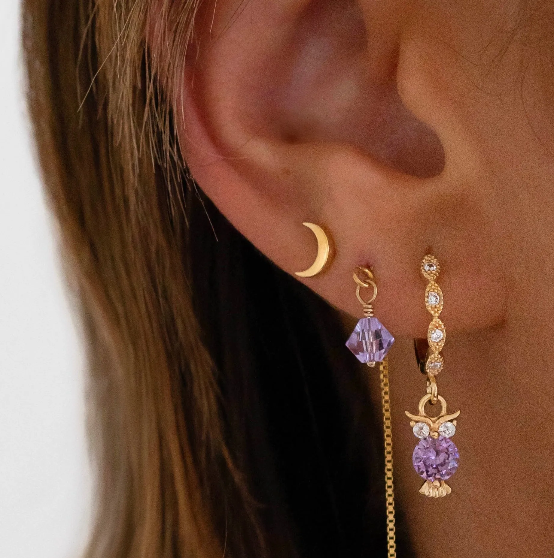 Small Violet Owl Earring