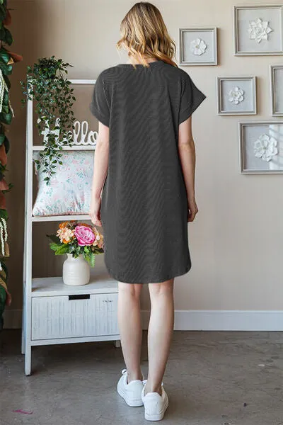 TEEK - Charcoal Ribbed Round Neck Short Sleeve Tee Dress