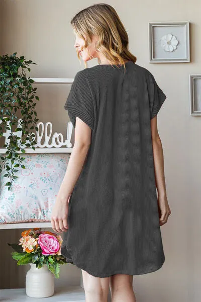 TEEK - Charcoal Ribbed Round Neck Short Sleeve Tee Dress