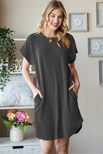 TEEK - Charcoal Ribbed Round Neck Short Sleeve Tee Dress