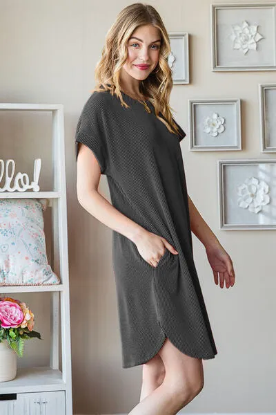 TEEK - Charcoal Ribbed Round Neck Short Sleeve Tee Dress