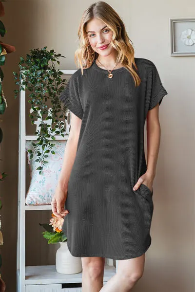 TEEK - Charcoal Ribbed Round Neck Short Sleeve Tee Dress