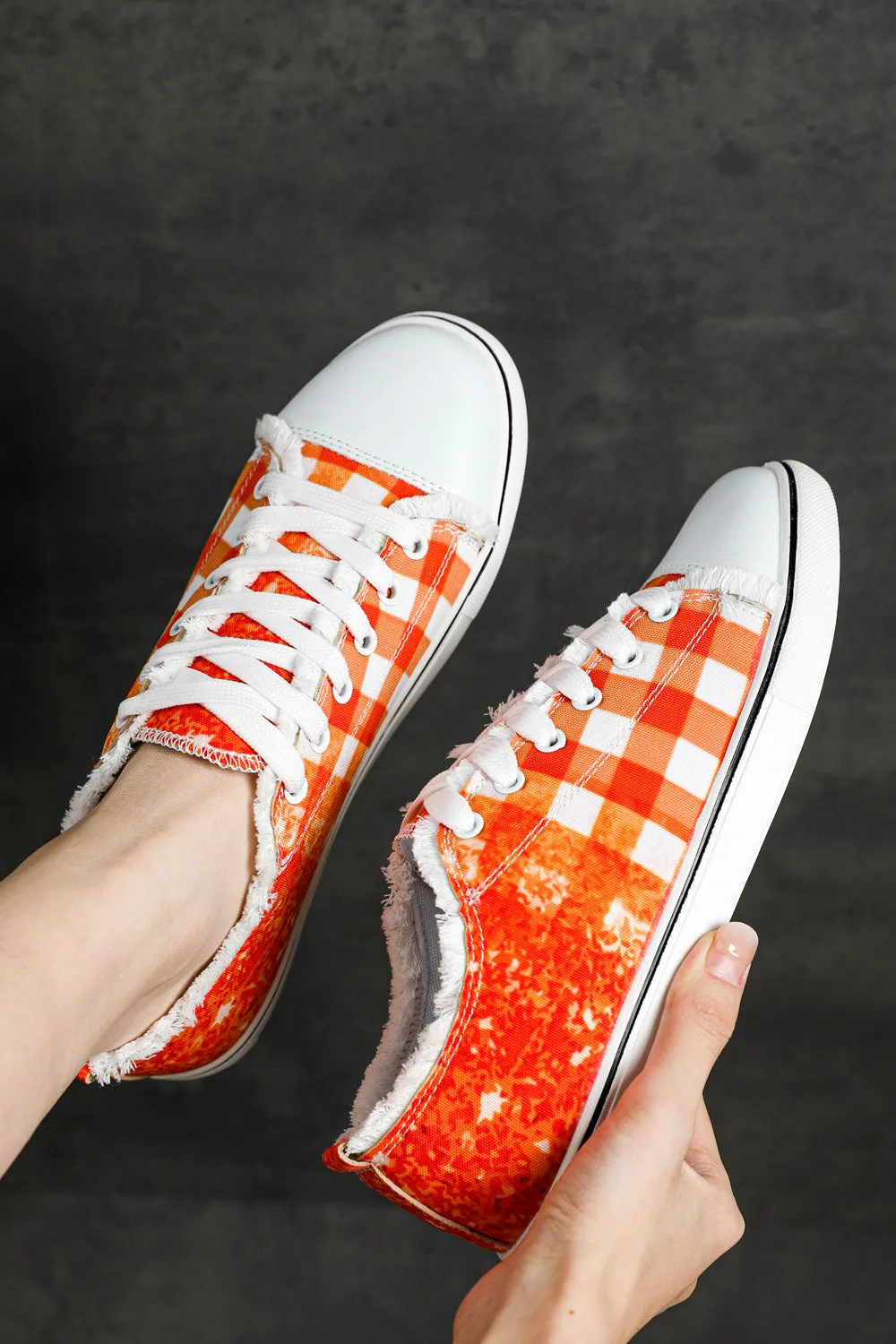 Women's Orange Plaid Print Ombre Slip On Sneakers